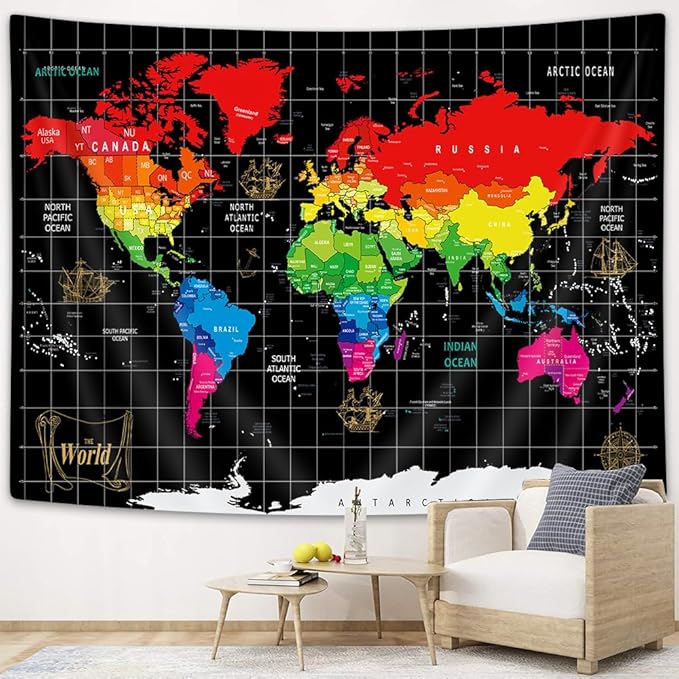World Map Tapestry, Black Map World Vintag Topography Educational Wall Art Tapestries，Asia Europe South City Topography America Africa Japan Tapestry Wall Hanging 80X60 Inch