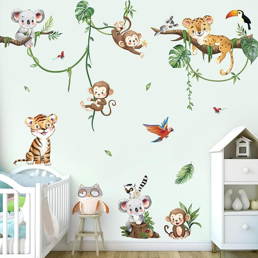 decalmile Jungle Animal Tree Branch Wall Decals Safari Animal Monkey Koala Wall Stickers Baby Nursery Kids Bedroom Living Room Wall Decor
