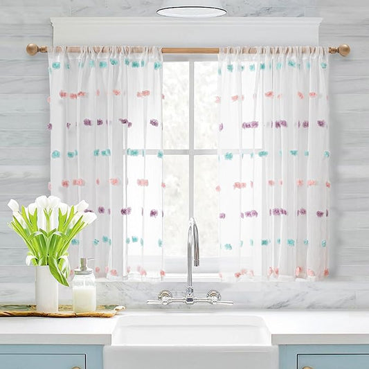 MYSKY HOME Short Curtains for Bedroom Rainbow Pom Pom White Sheer Curtains Living Room 54 Inches Long Curtains Nursery Boys Kids Room Kitchen Rod Pocket 2 Panels Boho Small Window 37" x 54"
