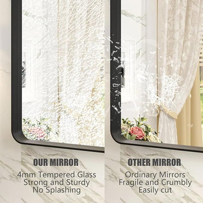 28x36 Black Matte Bathroom Mirror, Rectangle Framed Vanity Mirror for Wall, Rounded Corner, Anti-Rust, Shatterproof (Horizontally/Vertically)