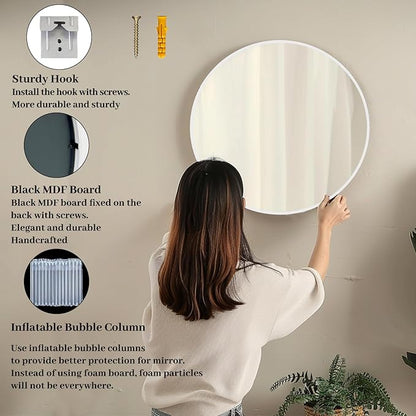 White Round Mirror, White Circle Mirror 24 inch, Matte Metal Frame Round Mirrors, Circle Mirrors for Bathroom, Living Room, Bedroom, Hallway.