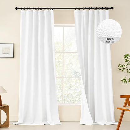 KangBang White Blackout Curtains 108 Inches Long 2 Panels Set, Extra Long Thermal Insulated Room Darkening Linen Curtains Loop Pocket Back Tab with Hooks for Track(52Wx108L, Pure White)