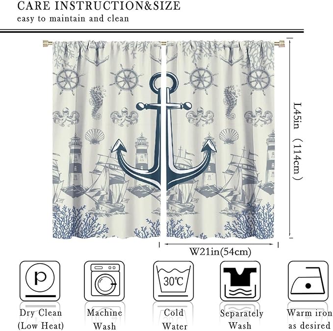 Nautical Anchor Curtains, Vintage Sailboat Ocean Coastal Lighthouse Window Drapes, Navy Blue Coral Shell Seahorse Beach Print Blackout Window Treatments for Living Room Bedroom 42x45 Inch