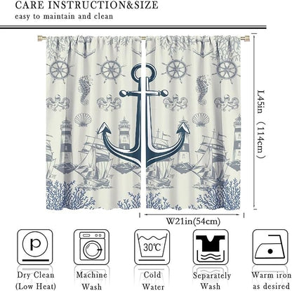 Nautical Anchor Curtains, Vintage Sailboat Ocean Coastal Lighthouse Window Drapes, Navy Blue Coral Shell Seahorse Beach Print Blackout Window Treatments for Living Room Bedroom 42x45 Inch