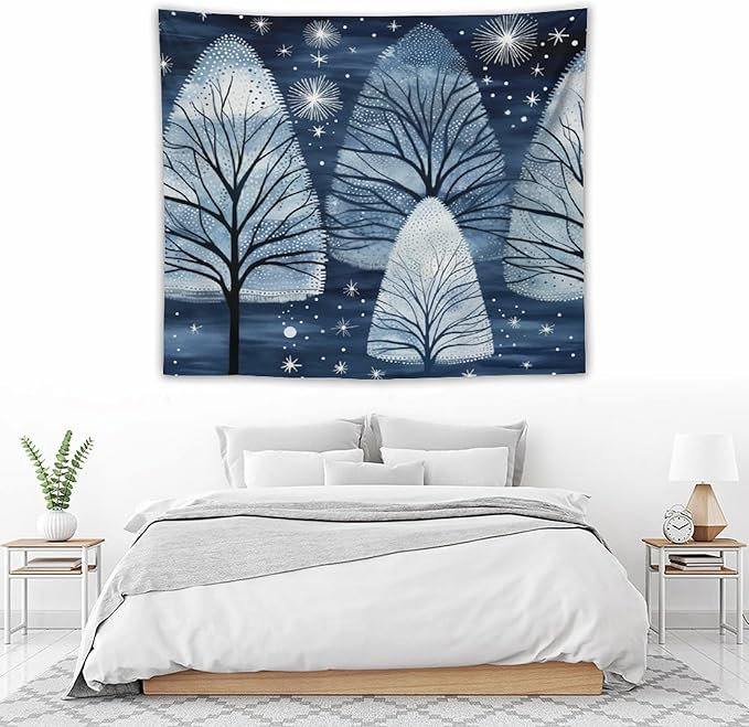 Tapastry's Wall Hanging Trendy Blue Silver Glitter Tree Christmas Tapestry Vintage Christmas Tapestry Vintage Aesthetic Tapestries Wall Hanging for Bedroom 50"x60" Christmas Family Party
