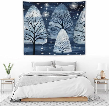 Tapastry's Wall Hanging Trendy Blue Silver Glitter Tree Christmas Tapestry Vintage Christmas Tapestry Vintage Aesthetic Tapestries Wall Hanging for Bedroom 50"x60" Christmas Family Party
