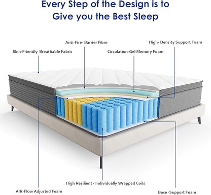 Queen Mattress,10 Inch Gel Memory Foam and Innerspring Hybrid Mattress in a Box with Individual Pocket Spring for Motion Isolation & Silent Sleep,CertiPUR-US,100 Nights Trial