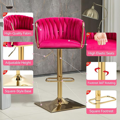 NIOIIKIT Bar Stool Set of 2, Velvet Upholstered Swivel Barstool, Counter Height Chair with Hand Woven Backrest, Dining Barstool with Footrest, Bar Chair for Kitchen Island, Pub (Rose Red)