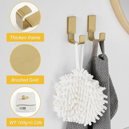 BESy Brass Clothes Hook Single Towel Hook for Bathroom Kitchen Garage Square Style Robe Hooks Coat and Hat Hook, Self Adhesive with Glue or Wall Mounted with Screws, Four Packs, Brushed Gold