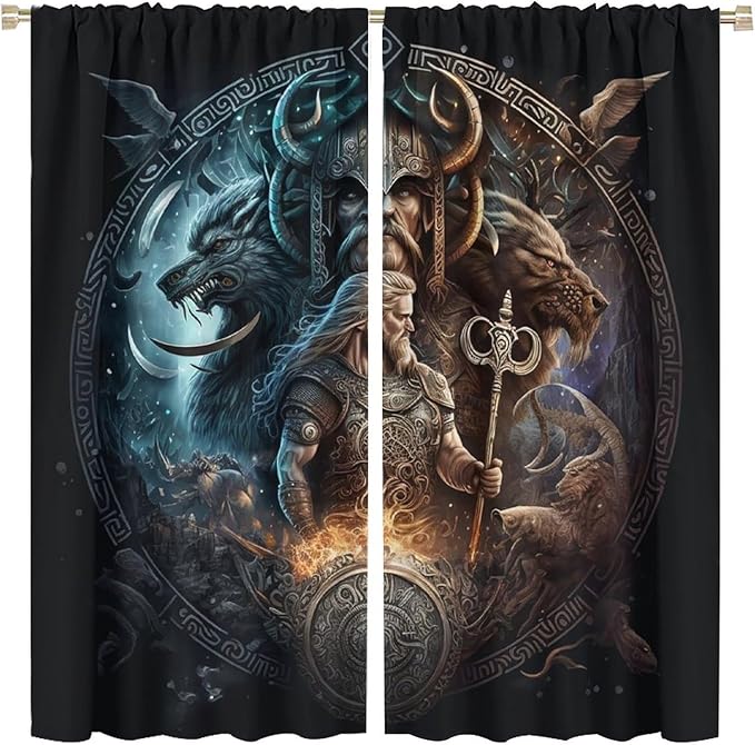 Cool Norse Viking Theme Curtains,Fantasy Ancient Symbols Wildlife Wolf Nordic Vikings Window Curtains Thermal Insulated Rod Pocket Blackout Drapes for Bedroom 2 Panels 84L x 42W