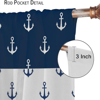 Anchor Pattern Curtains, Nautical Theme Navy Blue White Anchor Sea Life Adventure Print Blackout Window Treatments for Living Room Boys Men's Bedroom 42x45 Inch