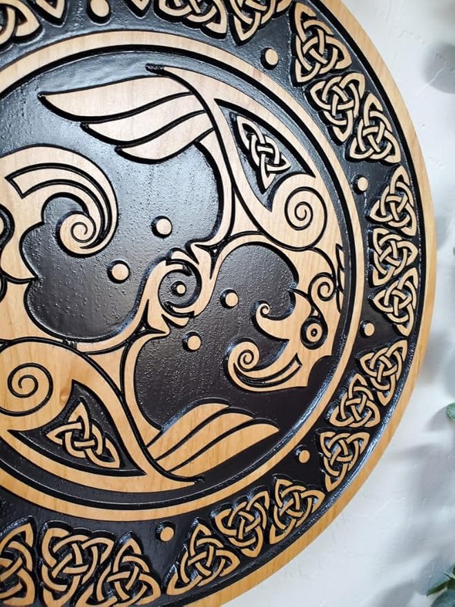 Wood Viking Shield Wall Art, Norse Raven Wall Hanging, Viking Wall Art, Scandinavian Decor Wall Art for Gift, Wall Hangings for Home Office Living Room Farmhouse 24" (Black Glaze)