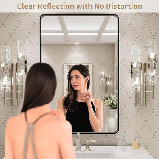 LOAAO 24X30 Inch Black Metal Framed Bathroom Mirror for Wall, Matte Black Bathroom Vanity Mirror Farmhouse, Large Rounded Rectangle Mirror, Anti-Rust, Hangs Horizontally or Vertically