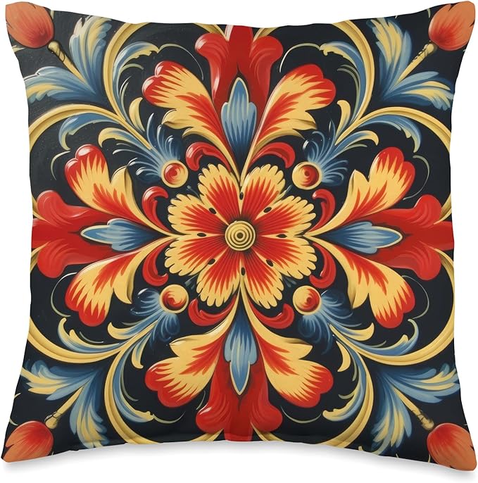 Traditional Norwegian Rosemaling Folk Art Throw Pillow