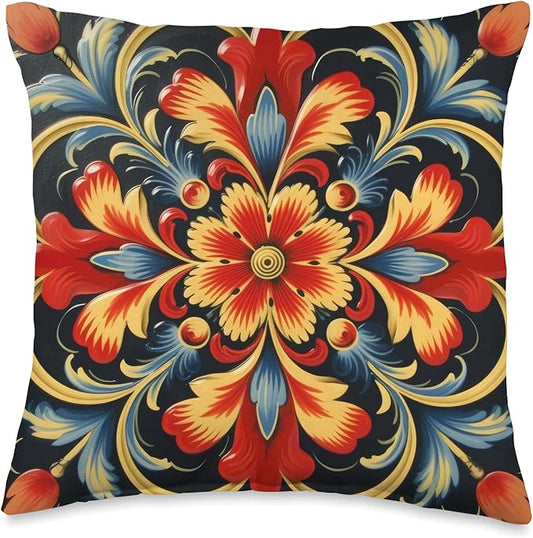 Traditional Norwegian Rosemaling Folk Art Throw Pillow