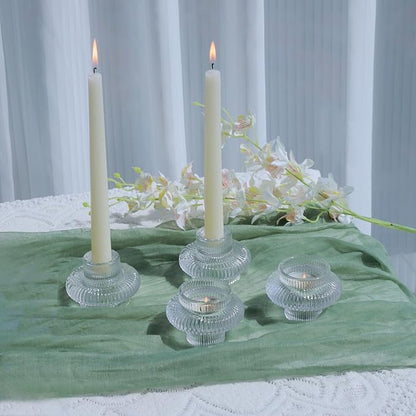 VOHO 12pcs Taper Candle Holders Ribbed Glass, Stylish Boho Candle Holder Stackable and Reversible for Candlesticks & Votive Candles, Clear Candle Sticks Holder Decor for Dining Table Centerpiece