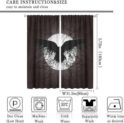 Cool Raven Print Curtains for Bedroom - Vintage Nordic Viking Theme Dead Tree Crow Full Moon Window Treatment,Energy Saving Thermal Insulated Rod Pocket Bedroom Blackout Curtains 2 Panels 72L x 31.5W