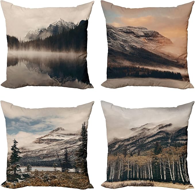 Ambesonne Landscape Throw Pillow Cushion Case Pack of 4, Snowy Mountains Woods Early Morning Sunrise Nature Outdoors Scenery Photo, Modern Accent Double-Sided Digital Printing, 20", Brown White