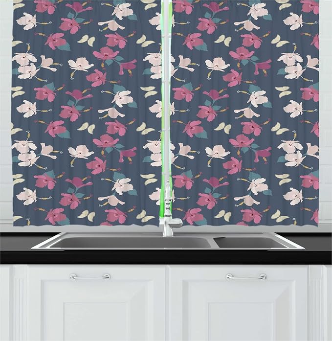 Lunarable Floral Long Kitchen Curtains, Composition of Hibiscus Flowers and Butterflies, 2 Panel Set Drapes with Rod Pocket Room Decor, 55" x 45", Purpleblue Dried Rose Pale Tan and Mustard