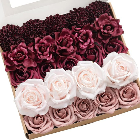 Ling's Moment Artificial Flowers Fake Silk Roses Faux Foam Dahlia Gardenia Combo for DIY Wedding Bouquets Centerpieces Arrangements Bridal Shower Party Home Decorations, Marsala & Dusty Rose, 24pcs