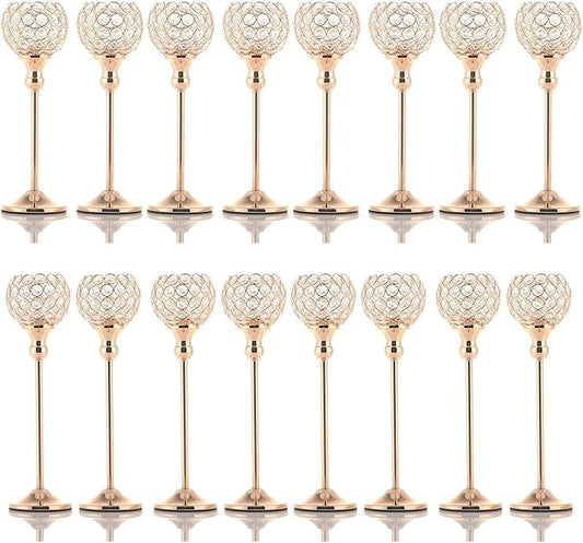 VINCIGANT 16PCS Gold Crystal Candle Holders Pillars for Wedding Decoration,Votive Crystal Candle Holders for Dinner Table Room Party Rhinestone Decorative