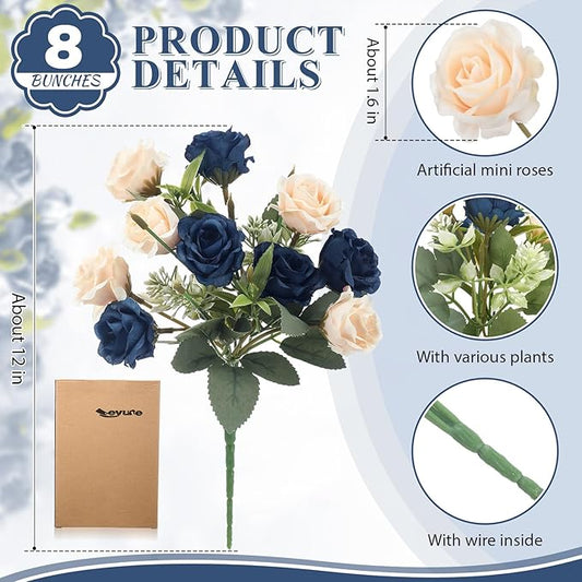 Zeyune 8 Pack 12 Inch Wedding Bouquets for Bride Bridesmaid Dark Blue and Champagne Artificial Rose Bouquet Fake Silk Roses Flowers Bunches Bulk for Home Office Garden Parties Decoration