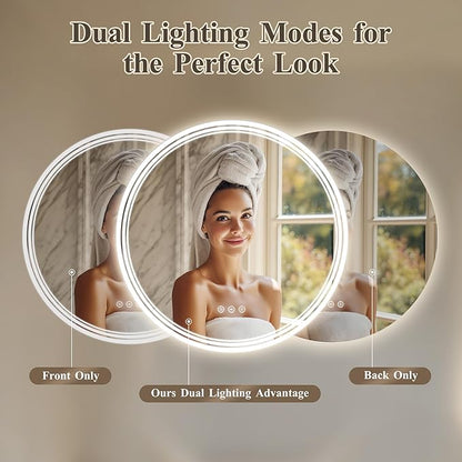 30''x30'' Lighted Mirrors for Bathroom Wall Backlit + Front Lit, Round LED Bathroom Mirror Frameless with Lights Anti Fog, Dimmable, 3 Colors,Tempered Glass, Shatter-Proof
