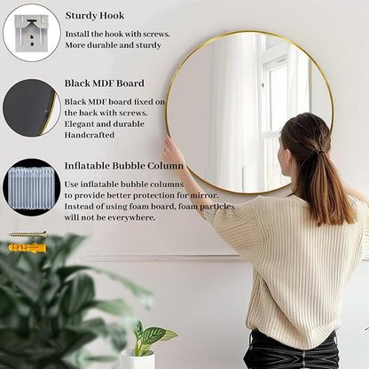 Gold Round Mirror, 24 inch Circle Mirror, Gold Metal Frame Bathroom Mirrors, Round Wall Mounted Mirrors for Bathroom, Hallway, Living Room, Bedroom.