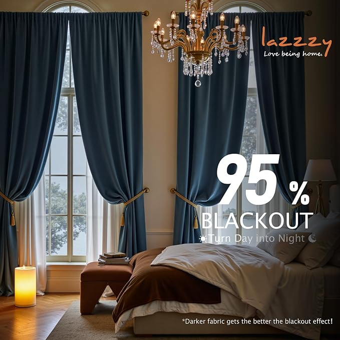 Lazzzy Velvet Blackout Curtains Thermal Insulated Room Window Drapes Super Soft Luxury Curtains for Living Room Bedroom Rod Pocket 2 Panels, Dark Slate, 62" W x 90" L