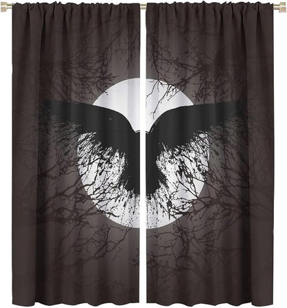 Cool Raven Print Curtains for Bedroom - Vintage Nordic Viking Theme Dead Tree Crow Full Moon Window Drapes,Energy Saving Thermal Insulated Rod Pocket Bedroom Blackout Curtains 2 Panels 63L x 27.5W