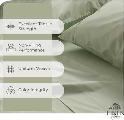 Linen Home 100% Cotton Percale Sheets King Size, Sage, Deep Pocket, 4 Pieces Set - 1 Flat, 1 Deep Pocket Fitted Sheet and 2 Pillowcases, Crisp Cool and Strong Bed Linen