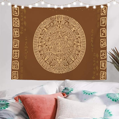 Batmerry Brown Ancient Mayan Tapestry, Calendar Wall Art Hanging Decoration Polyester Fiber White Ruffled Around for Dorm Room Bedroom Living Room, 39.1x59.1 inches