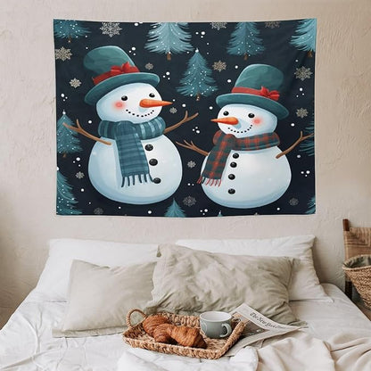 MaSiledy Snowman Couple Wall Tapestries Christmas Cute Snowman Bedroom Tapestries Landscape Tapestry Wall Hanging For Room 30"x40" Tapestry Winter Nature Tapestries for Christmas Home Decoration