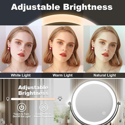 Large Lighted Makeup Mirror, Height Adjustable 8" Rechargeable Foldable Mirrors, 1X/10X Double Sided 3 Color Dimmable Magnifying Mirror, 360° Swivel Touch Screen Tabletop Standing Mirror, Chrome