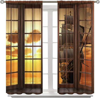 Retro Ship Curtains, Window View Sailing Boat Ship Schooner, Nautical Style Ocean Sunset Landscape Print Blackout Window Drapes for Boys Bedroom Living Room 42x54 Inch