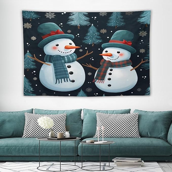 Wall Tapestry Snowman Couple Tapestry Hello Winter Snowman Aesthetic Bedroom Tapestries for Bedroom Colorful Wall Hanging Aesthetic Wall Art For Room Decor 60"x90" Christmas Family Party