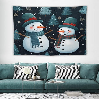 Wall Tapestry Snowman Couple Tapestry Hello Winter Snowman Aesthetic Bedroom Tapestries for Bedroom Colorful Wall Hanging Aesthetic Wall Art For Room Decor 60"x90" Christmas Family Party