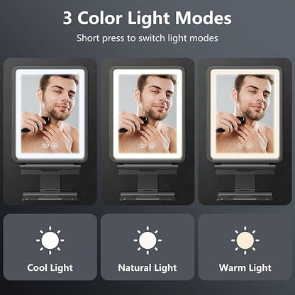Heated Shower Mirror Fogless for Shaving, 3 Colors Stepless Dimmable Lights Fogless Mirror for Shower, Rechargeable Anti Fog Shaving Mirror for Shower with Razor Holder for Men, Light Memory Function