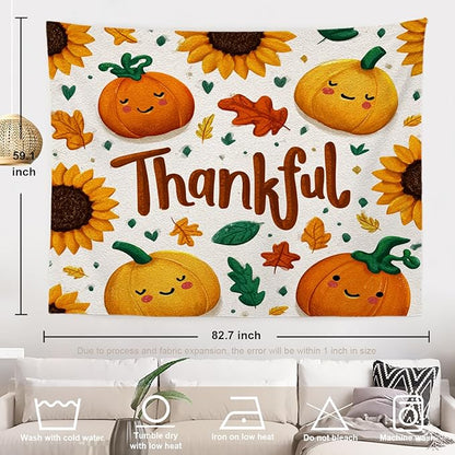 Batmerry Thankful Fall Pumpkins Tapestry, Happy Pumpkins Sunflowers Maple Leaves Wall Art Hanging Decoration Polyester Fiber White Ruffled Around for Dorm Room Bedroom Living Room, 59.1x82.7 inches