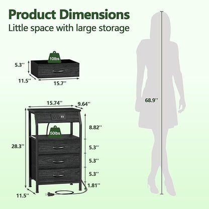 Furnulem Night Stand with Charging Station, 28.3 Inch Tall Side Table with Fabric Drawers and Storage Shelf, Bedside Table with USB Ports & Outlets, Nightstand for Bedroom, 3 Ways to Use, Black Oak