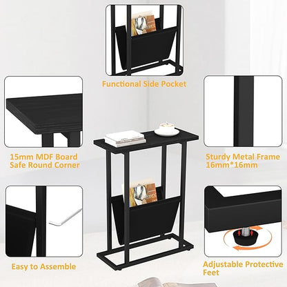 Yusong Narrow Side Table for Small Spaces, Small End Table with Magazine Holder, Skinny Slim Little Thin Table for Living Room, Bedroom, Sofa, Black Oak