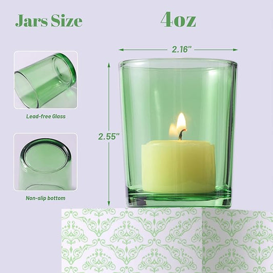 LETINE Green Glass Votive Candle Holders Set of 36 - Tealight Candle Holders for Spring & Summer Wedding and Christmas Centerpieces - Ideal Candle Jars for Making Candles