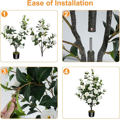 43.3"/3.6FT Artificial Camellia Tree Fake Outdoor Tree with 32 Blooming Flowers White Tree for Summer Home Front Door Indoor Decor (Including Dried Moss)