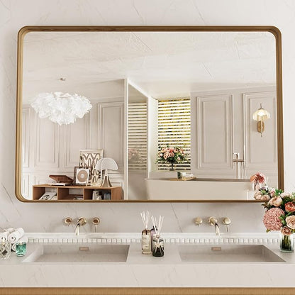 LOAAO 55X30 Inch Bathroom Mirror with Wood Grain Colored Metal Frame, Rounded Rectangle Metal Framed Bathroom Mirror, Anti-Rust, Hangs Horizontally or Vertically, Tempered Glass