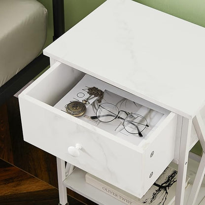 VECELO Nightstands Set of 2, Modern Bedside End Tables, Night Stands with Drawer and Storage Shelf for Living Room Bedroom, Industrial Metal Frame