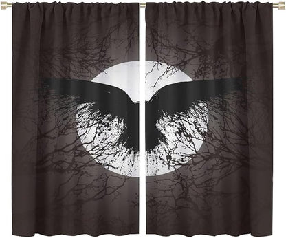 Cool Raven Print Curtains,Vintage Nordic Viking Theme Dead Tree Crow Full Moon Window Drapes Thermal Insulated Rod Pocket Blackout Drapes for Bedroom 2 Panels 63L x 36W