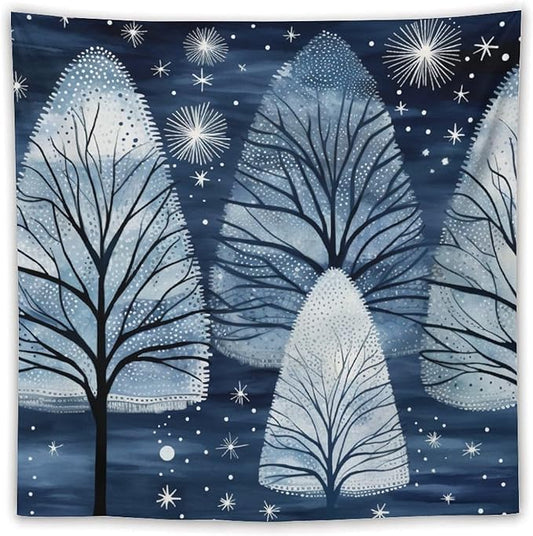 Tapestries Trendy Blue Silver Glitter Tree Christmas Tapestry Xmas Rustic Winter Holiday Tapestry for Bedroom Aesthetic Wall Hanging for Bedroom Living Room Dorm 60"x60" Christmas Family Party