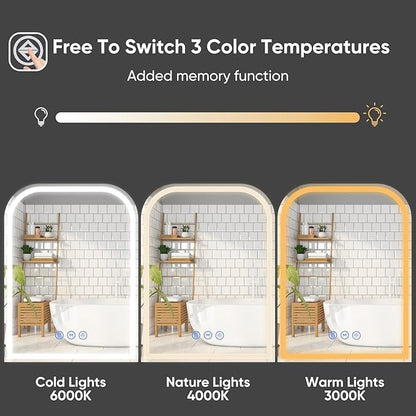 LED Bathroom Mirror, 24"x 36" LED Mirror with Lights for Bathroom, Lighted Vanity Mirrors for Wall, Anti-Fog, Dimmable, Tempered Glass, Memory Function, 3 Colors, Safe Use (White)