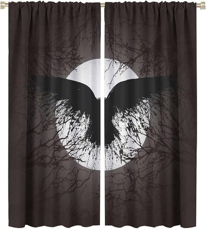 Cool Raven Print Curtains for Bedroom - Vintage Nordic Viking Theme Dead Tree Crow Full Moon Window Drapes,Energy Saving Thermal Insulated Rod Pocket Bedroom Blackout Curtains 2 Panels 54L x 21W