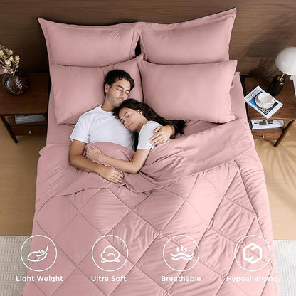 HEVUMYI Rose Gold King Comforter Set - 7-Piece All Season Bed in a Bag King, Ultra Soft Bedding Set with Comforter, Flat Sheet, Fitted Sheet, Pillowcases, Pillow Shams